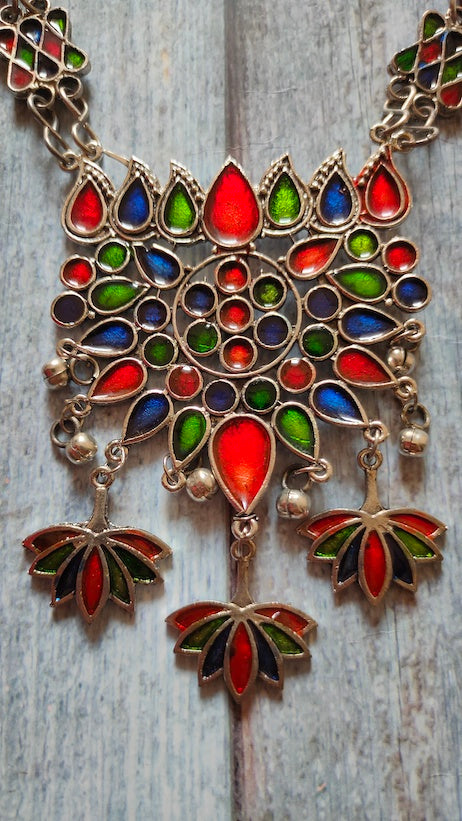 Meenakari Lotus Motifs Afghani Necklace Set