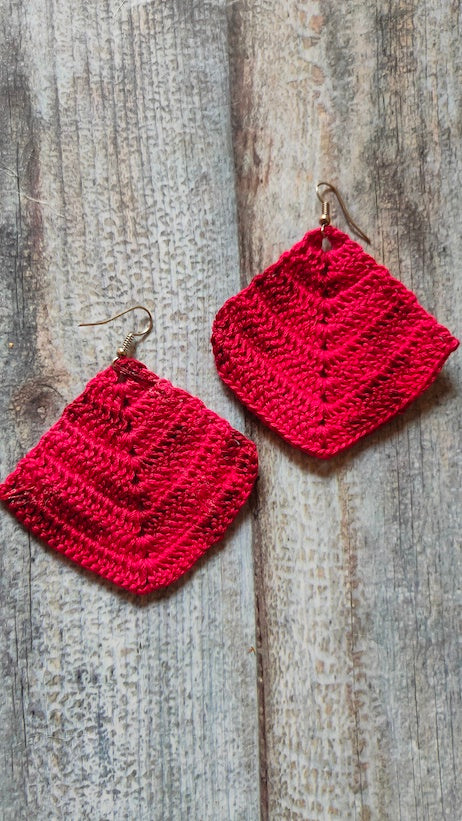 Red Hand Knitted Crochet Earrings