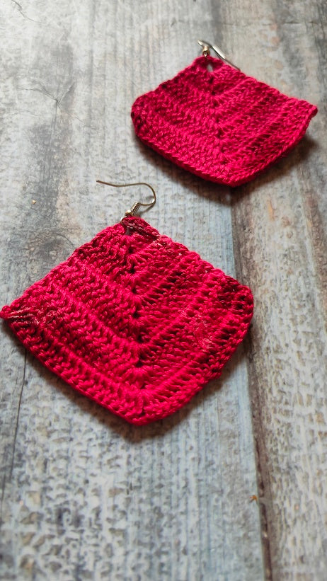 Red Hand Knitted Crochet Earrings