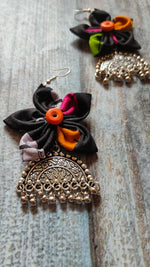 Load image into Gallery viewer, Black Flower Shaped Fabric Earrings with Metal pendant
