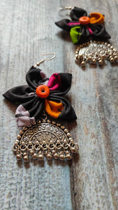 Black Flower Shaped Fabric Earrings with Metal pendant