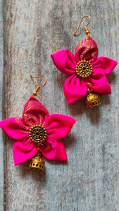 Fuchsia Flower Shaped Fabric Earrings with Antique Gold Finish Jhumkas