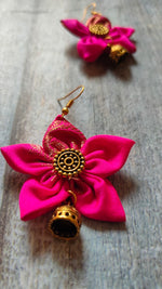 Load image into Gallery viewer, Fuchsia Flower Shaped Fabric Earrings with Antique Gold Finish Jhumkas
