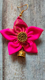 Load image into Gallery viewer, Fuchsia Flower Shaped Fabric Earrings with Antique Gold Finish Jhumkas

