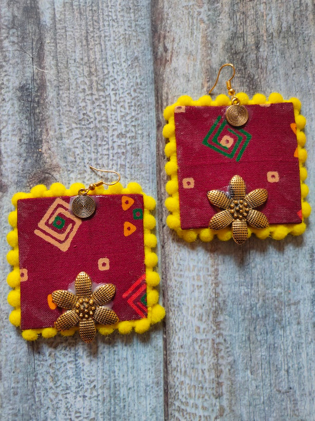 Maroon & Yellow Block Printed Fabric Earrings