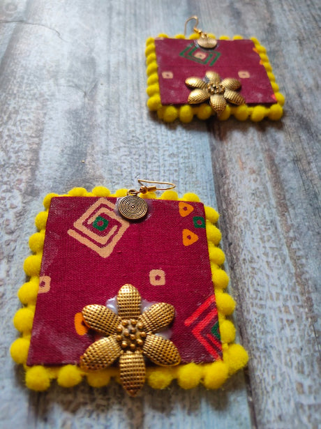 Maroon & Yellow Block Printed Fabric Earrings