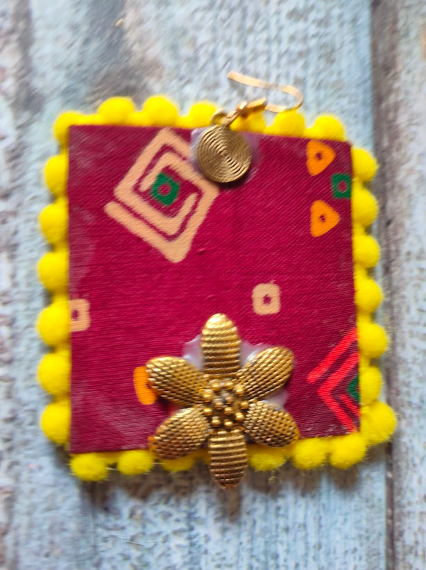 Maroon & Yellow Block Printed Fabric Earrings