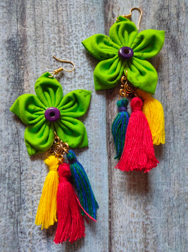 Lemon Green Fabric Earrings with Multi-Color Thread Endings