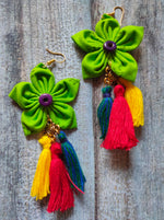 Load image into Gallery viewer, Lemon Green Fabric Earrings with Multi-Color Thread Endings
