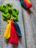 Load image into Gallery viewer, Lemon Green Fabric Earrings with Multi-Color Thread Endings
