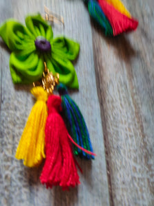 Lemon Green Fabric Earrings with Multi-Color Thread Endings