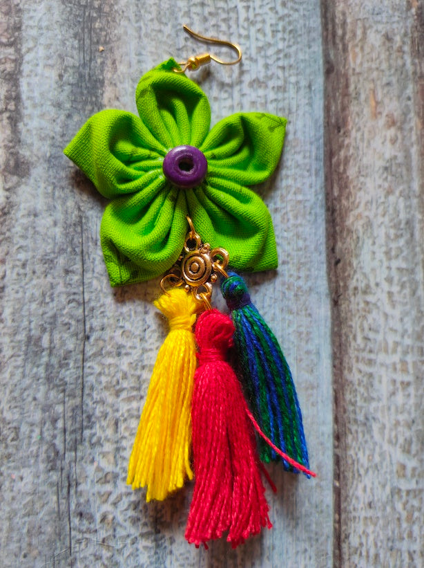 Lemon Green Fabric Earrings with Multi-Color Thread Endings