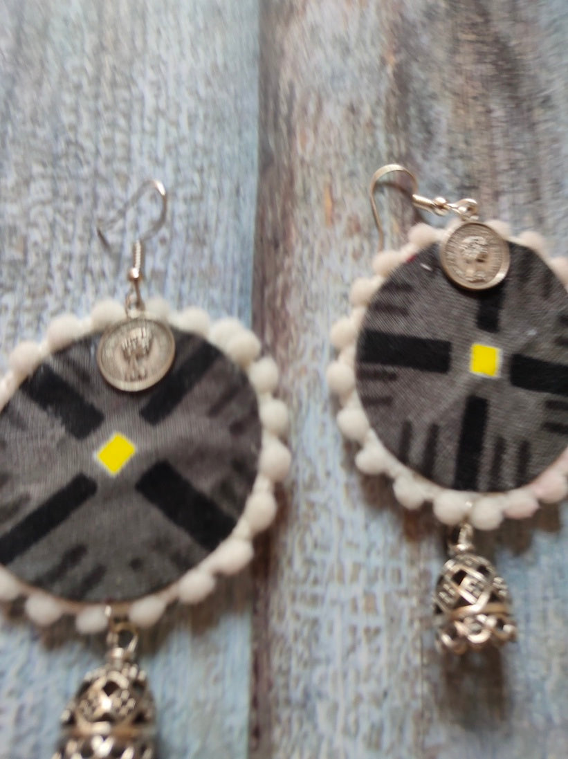Monochrome Fabric Earrings with Jhumka Ends