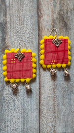 Load image into Gallery viewer, Red &amp; Yellow Fabric Earrings with Jhumkas

