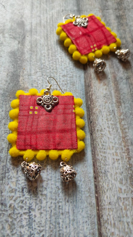 Red & Yellow Fabric Earrings with Jhumkas
