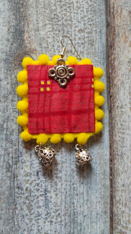 Red & Yellow Fabric Earrings with Jhumkas