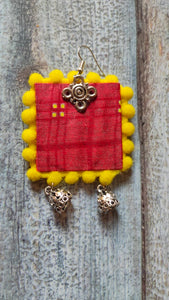 Red & Yellow Fabric Earrings with Jhumkas