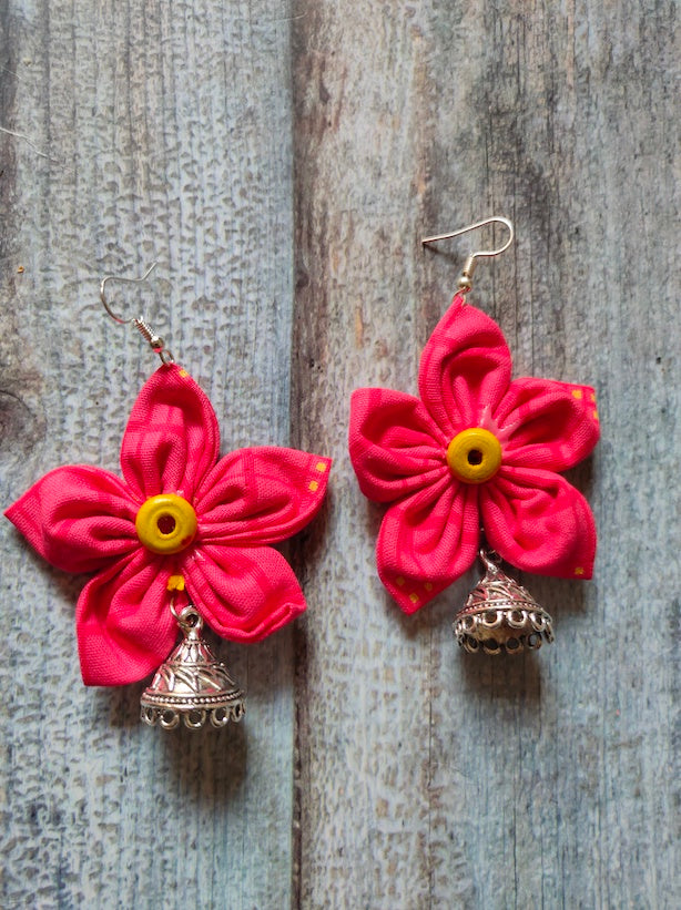 Red Flower Shaped Fabric Earrings with Jhumkas