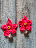 Load image into Gallery viewer, Red Flower Shaped Fabric Earrings with Jhumkas
