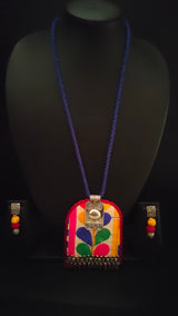 Hand Embroidered Fabric Necklace Set with Metal Accents