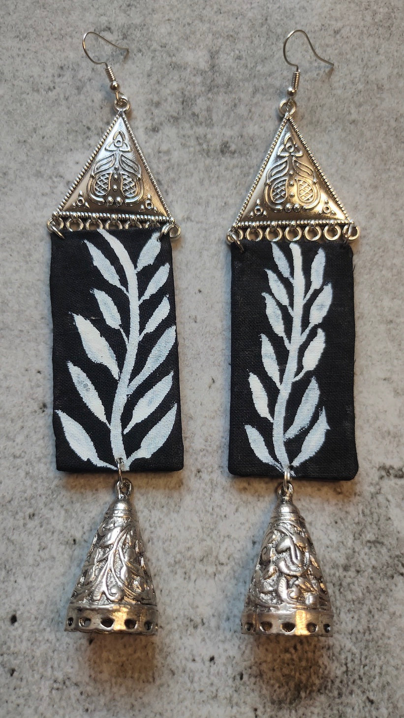 Hand-Painted Monochrome Long Fabric Earrings with Metal Danglers