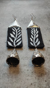 Hand-Painted Monochrome Long Fabric Earrings with Metal Danglers