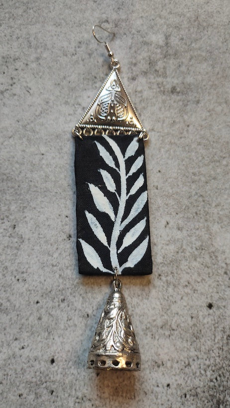 Hand-Painted Monochrome Long Fabric Earrings with Metal Danglers