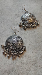 Flower Detailing Oxidised Silver Circular Metal Earrings