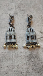 Load image into Gallery viewer, Mahal Shape Jhumka Earrings with White Beads
