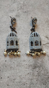 Mahal Shape Jhumka Earrings with White Beads