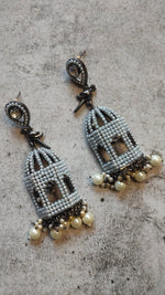 Load image into Gallery viewer, Mahal Shape Jhumka Earrings with White Beads
