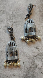 Load image into Gallery viewer, Mahal Shape Jhumka Earrings with White Beads
