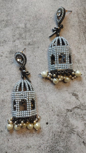 Mahal Shape Jhumka Earrings with White Beads