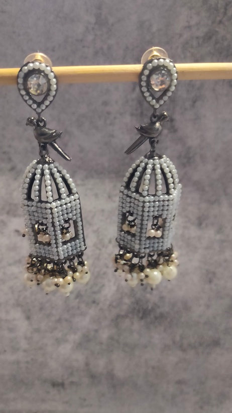 Mahal Shape Jhumka Earrings with White Beads