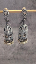 Load image into Gallery viewer, Mahal Shape Jhumka Earrings with White Beads
