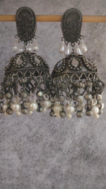Load image into Gallery viewer, Mirror Work Jhumka Earrings with Metal Trinkets and Beads
