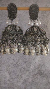 Mirror Work Jhumka Earrings with Metal Trinkets and Beads