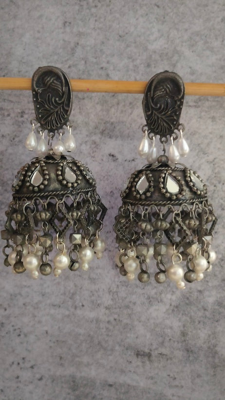 Mirror Work Jhumka Earrings with Metal Trinkets and Beads