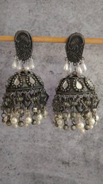 Load image into Gallery viewer, Mirror Work Jhumka Earrings with Metal Trinkets and Beads

