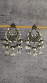 Load image into Gallery viewer, Half Moon Dangler Earrings with Hanging Bead Strings
