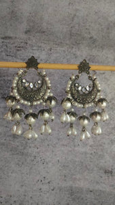 Half Moon Dangler Earrings with Hanging Bead Strings