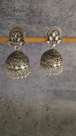 Load image into Gallery viewer, Intricately Crafted Rhinestones Embedded Jhumka Earrings
