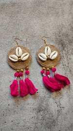 Load image into Gallery viewer, Jute and Shell Work Vibrant Earrings with Pom Pom Strings
