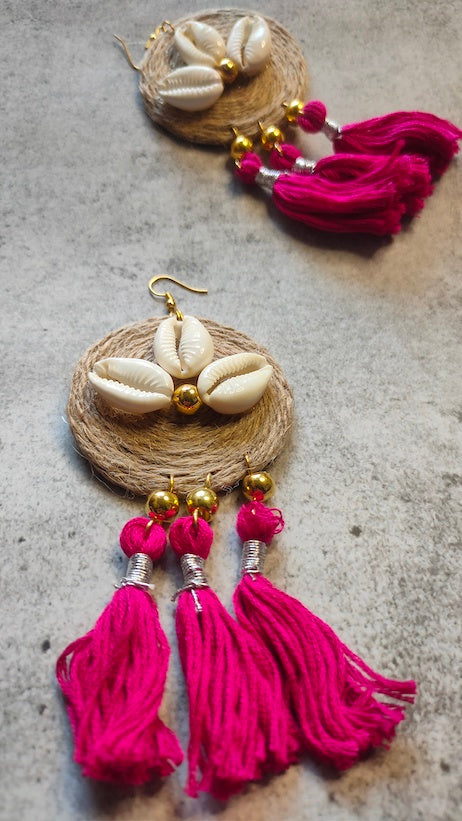 Jute and Shell Work Vibrant Earrings with Pom Pom Strings