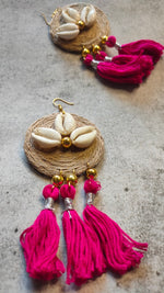 Load image into Gallery viewer, Jute and Shell Work Vibrant Earrings with Pom Pom Strings
