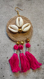 Load image into Gallery viewer, Jute and Shell Work Vibrant Earrings with Pom Pom Strings
