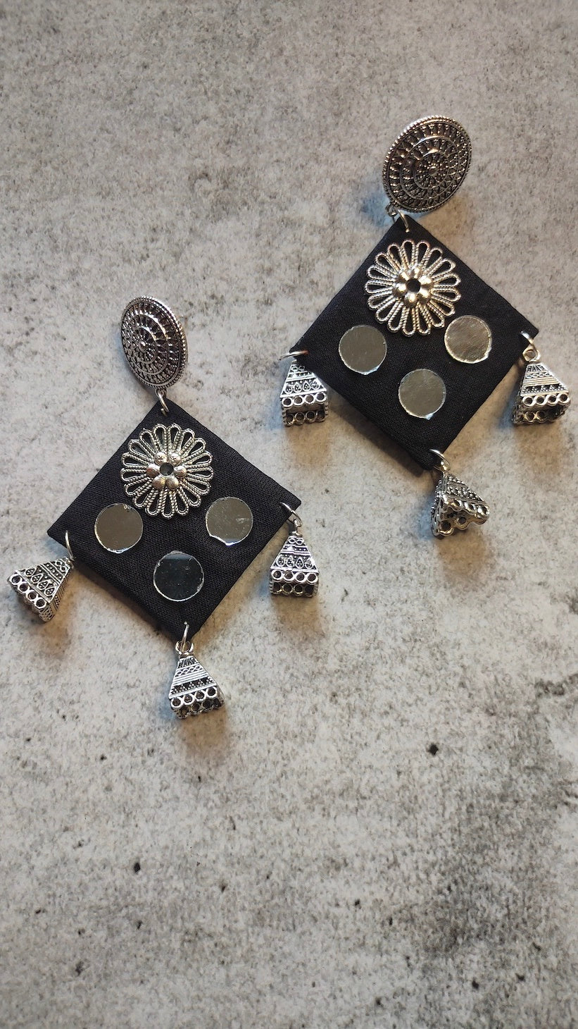 Fabric and Mirror Work Black Dangler Earrings with Metal Trinkets