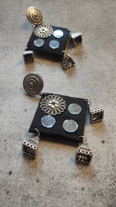 Fabric and Mirror Work Black Dangler Earrings with Metal Trinkets