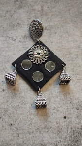 Fabric and Mirror Work Black Dangler Earrings with Metal Trinkets