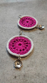 Load image into Gallery viewer, Pink and White Knitted Crochet Earrings
